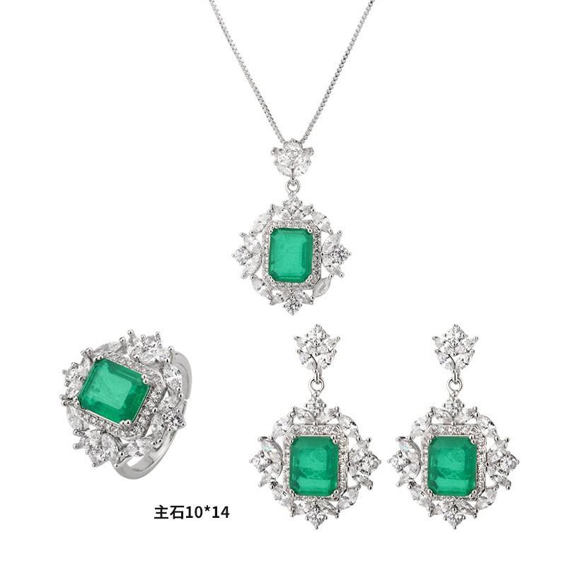 Jewelry Simulation Emerald Color Treasure Retro Stud Earrings, Pendant Gift Three-Piece Set 10 * 14