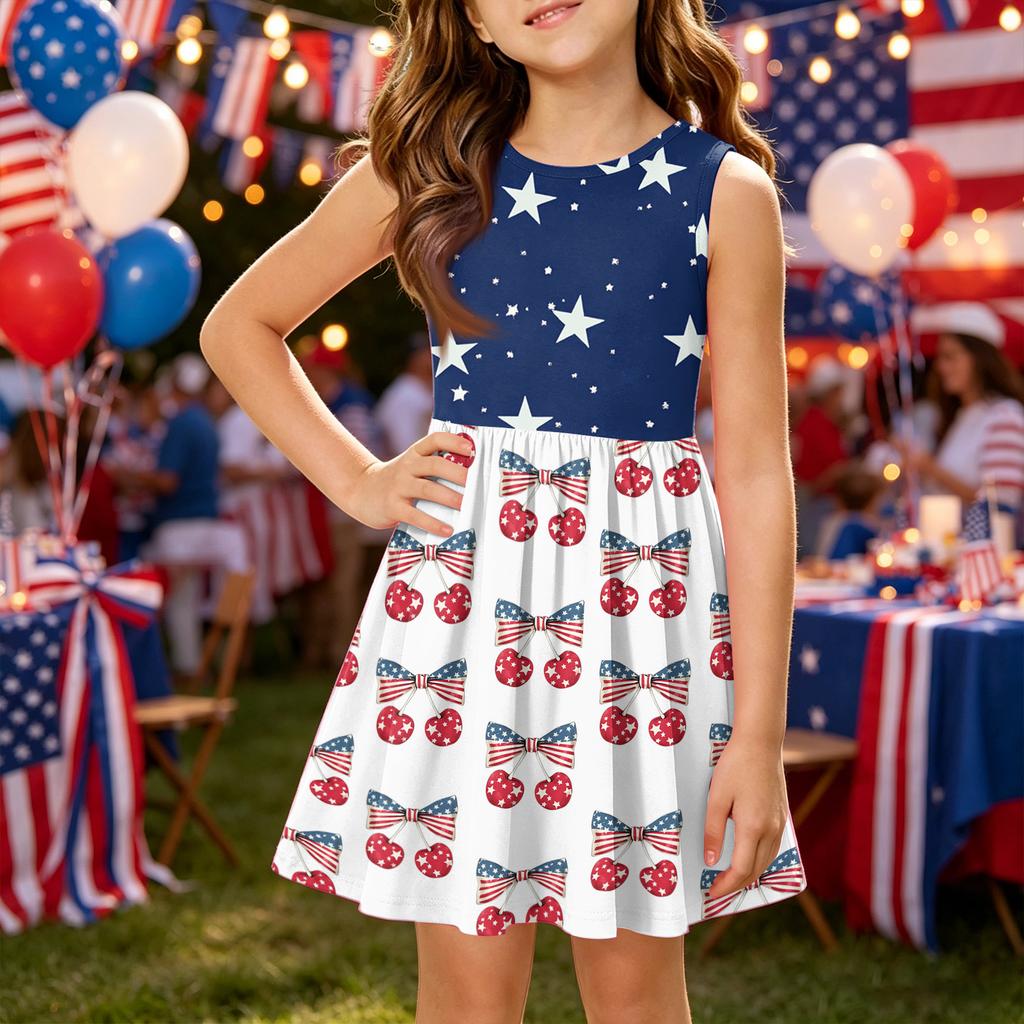 Girls' Summer Princess Dress - A-Line Vest Splice Dress Independence Day