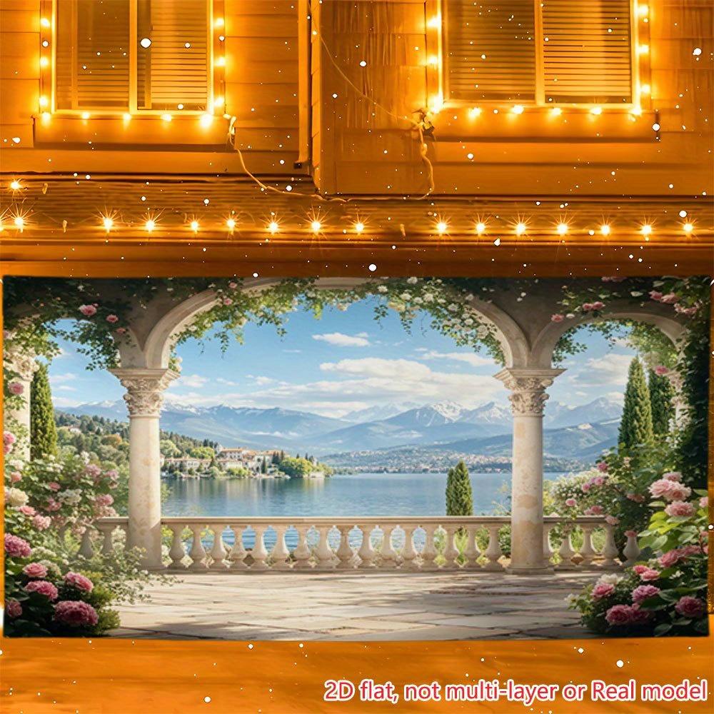 2D Flat Surface Arch-shaped Flower Pattern and Lake Scenery Background Fabric Suitable for Party Background Polyester Fiber