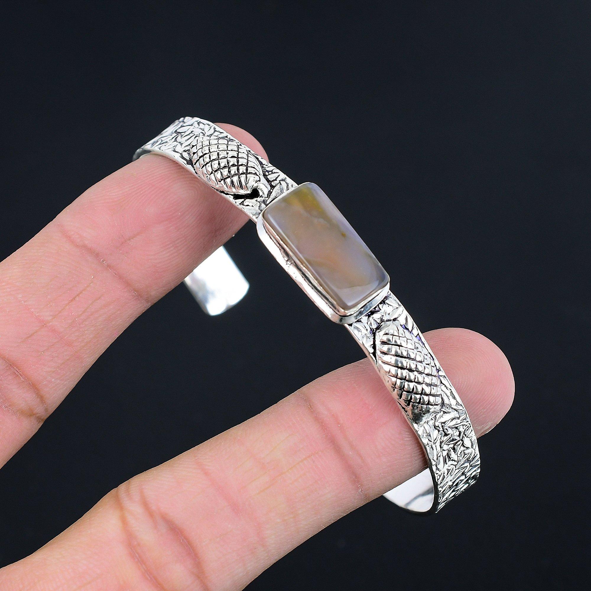 

925 Sterling Silver Montana Agate Stone Handcrafted Engagement Art Deco Bangle Adjustable