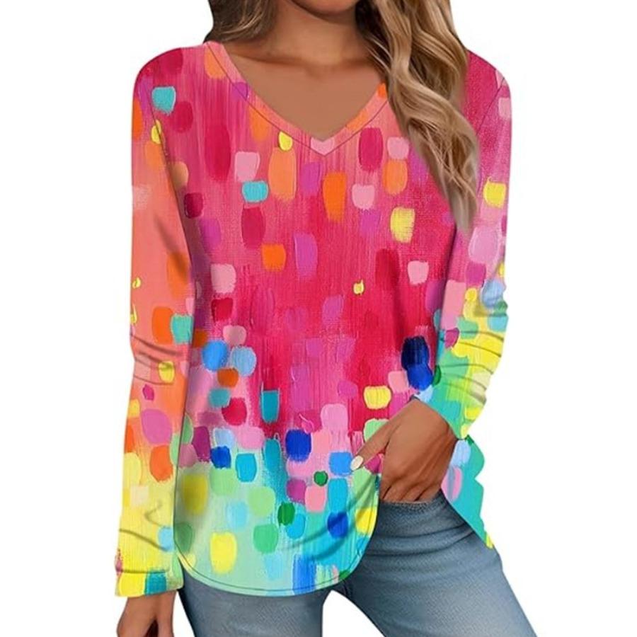 Women's Fashion V-neck Long Sleeved T-shirt Vintage 3d Printed Top