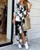 Women's Long Sleeve Shirt Dress V Neck Loose Fit Asymmetric Printed Casual Maxi Dress