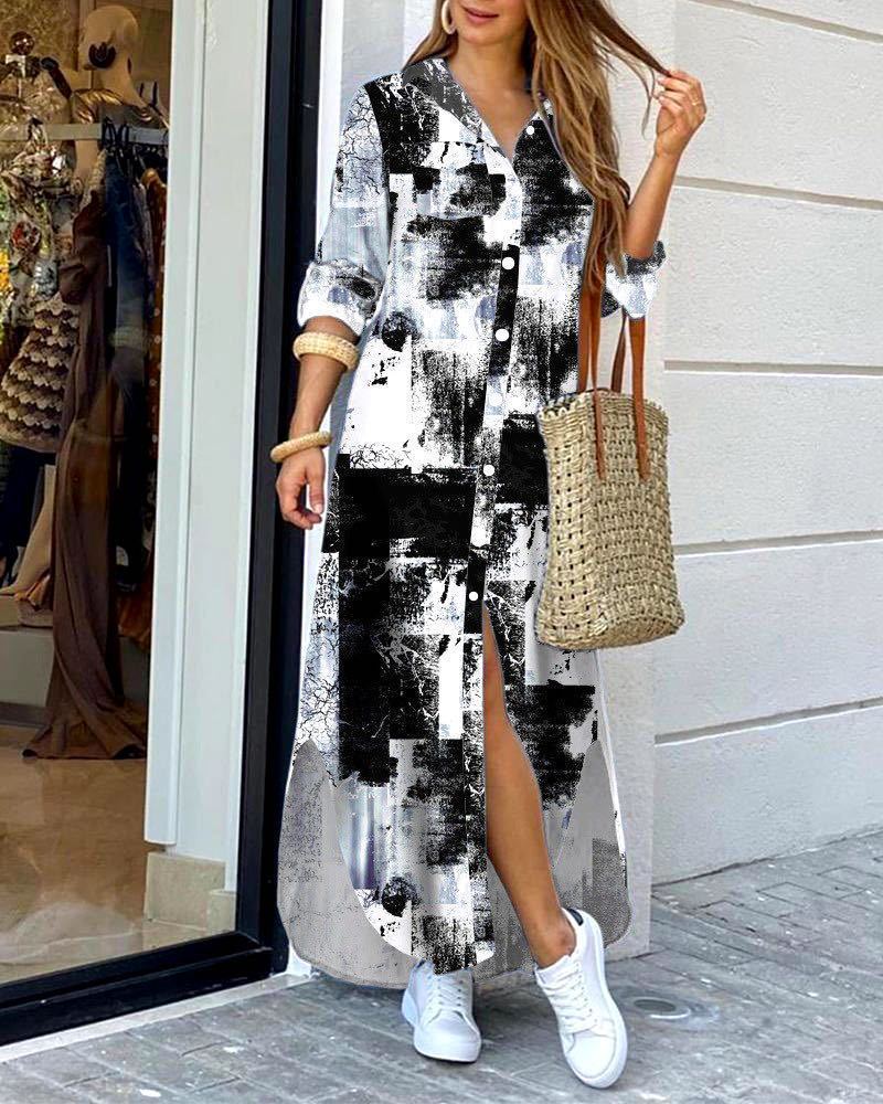 Women's Long Sleeve Shirt Dress V Neck Loose Fit Asymmetric Printed Casual Maxi Dress