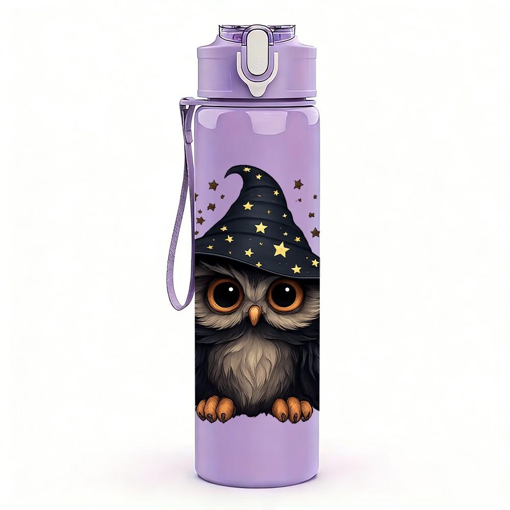1PC Wizard Owl Night Print 750ml Color Plastic Sports Water Bottle Leakproof Flip Straw Lid Suitable for Sports Office Home Use
