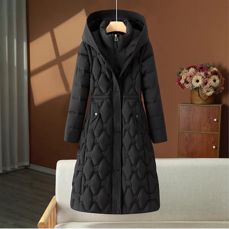 Hooded Long Padded Coat with Diamond Quilting, Loose Fit, Long Sleeve, Winter Warm Jacket