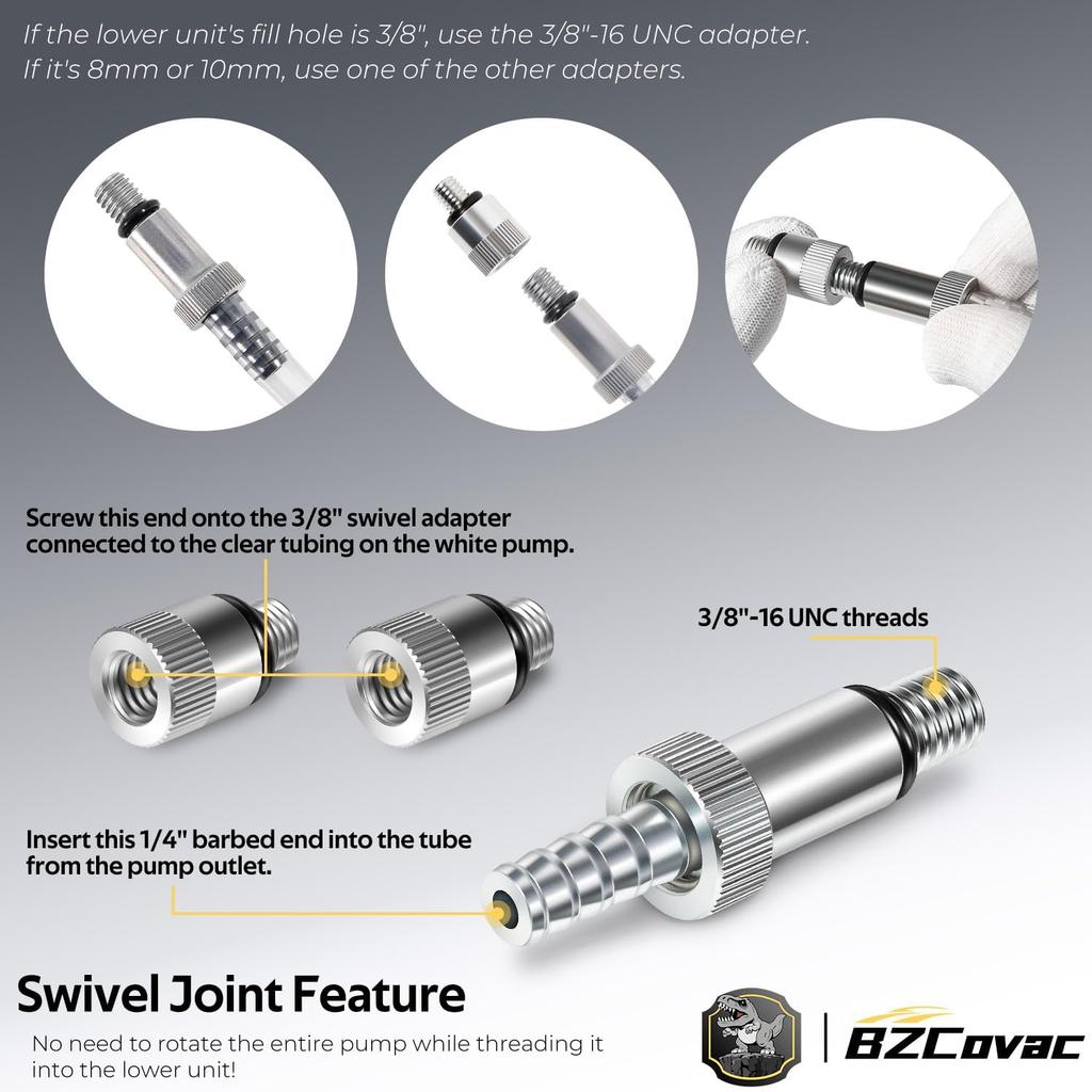 Lower Unit Gear Oil Pump For Standard Quart Bottles - 8Cc Pump, 8Mm & 10Mm Adapters, 3/8" Metal Swivel - Outboard Motors Gear Lube Pump For Mercury,