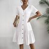 Women Button Down Dress Loose Summer Cotton Linen Dress Ruffle Hem Casual Dress Short Sleeve Tunic Dress