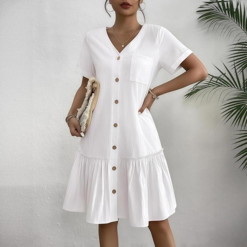 Women Button Down Dress Loose Summer Cotton Linen Dress Ruffle Hem Casual Dress Short Sleeve Tunic Dress