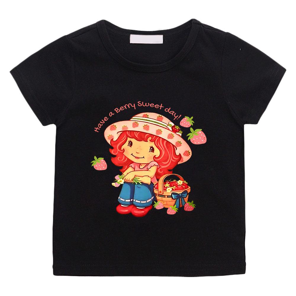 

Strawberry Shortcake Children s 100% Cotton T-Shirt Retro Cartoon Print Tees Cute Short Sleeved Casual O-Neck Kids Tops Summer 100 чёрный
