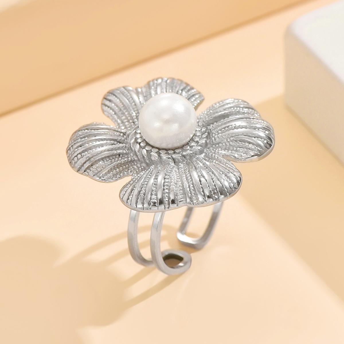 Adjustable Stainless Steel Pearl Flower Ring for Women