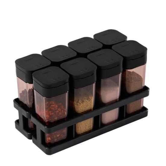 Juego de 4 Tarros de Plástico para Especias con Bandeja Tapa Deslizante con Una Mano Recipientes Transparentes Organizador Compacto para Encimera para Sal, Pimienta, Condimentos