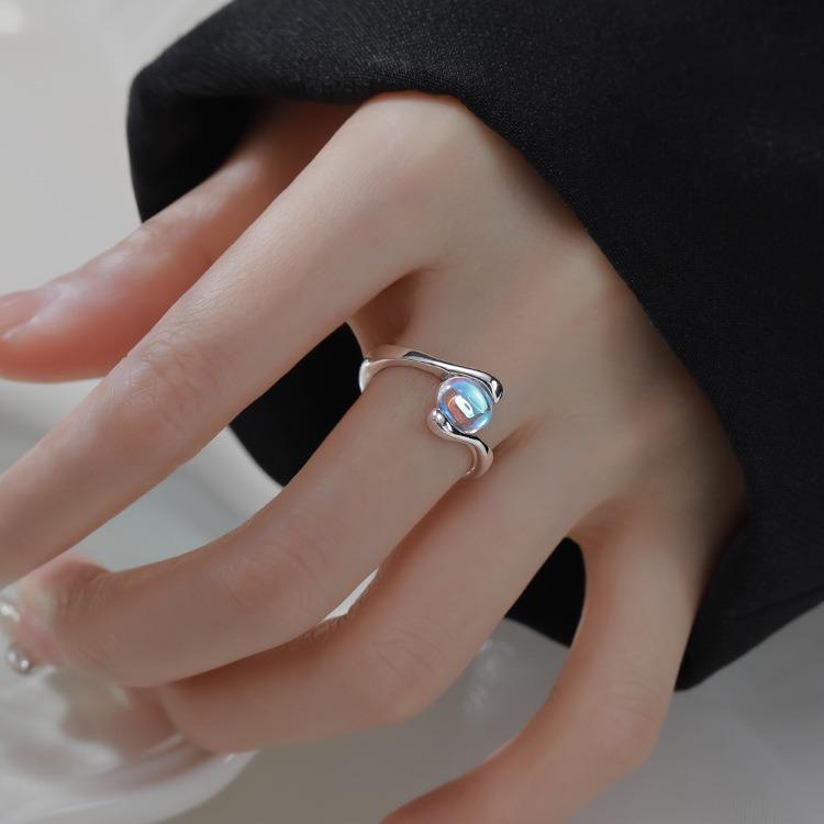 Elliptical Moonstone Ring Light Luxury Adjustable Pinky Ring for Women Minimalist