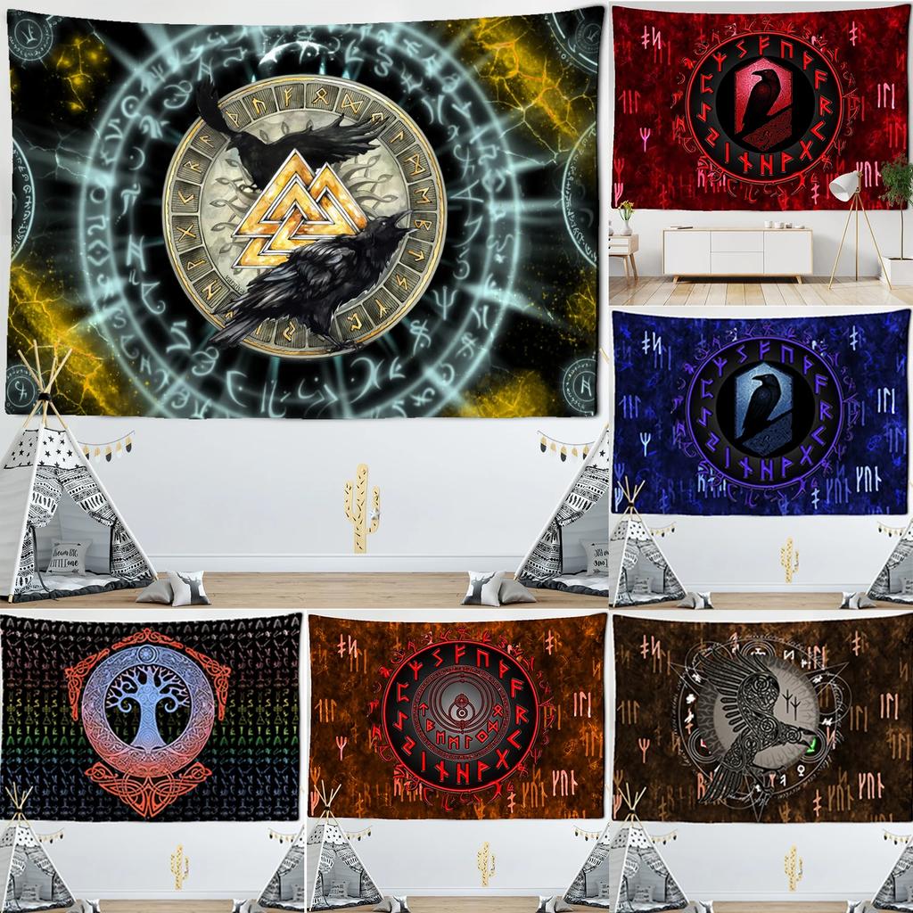 Vikings Tapestry wall Raven Mysterious Meditation Psychedelic Runes Art Wall Hanging Tapestries for Living Room Tarot Sun Moon