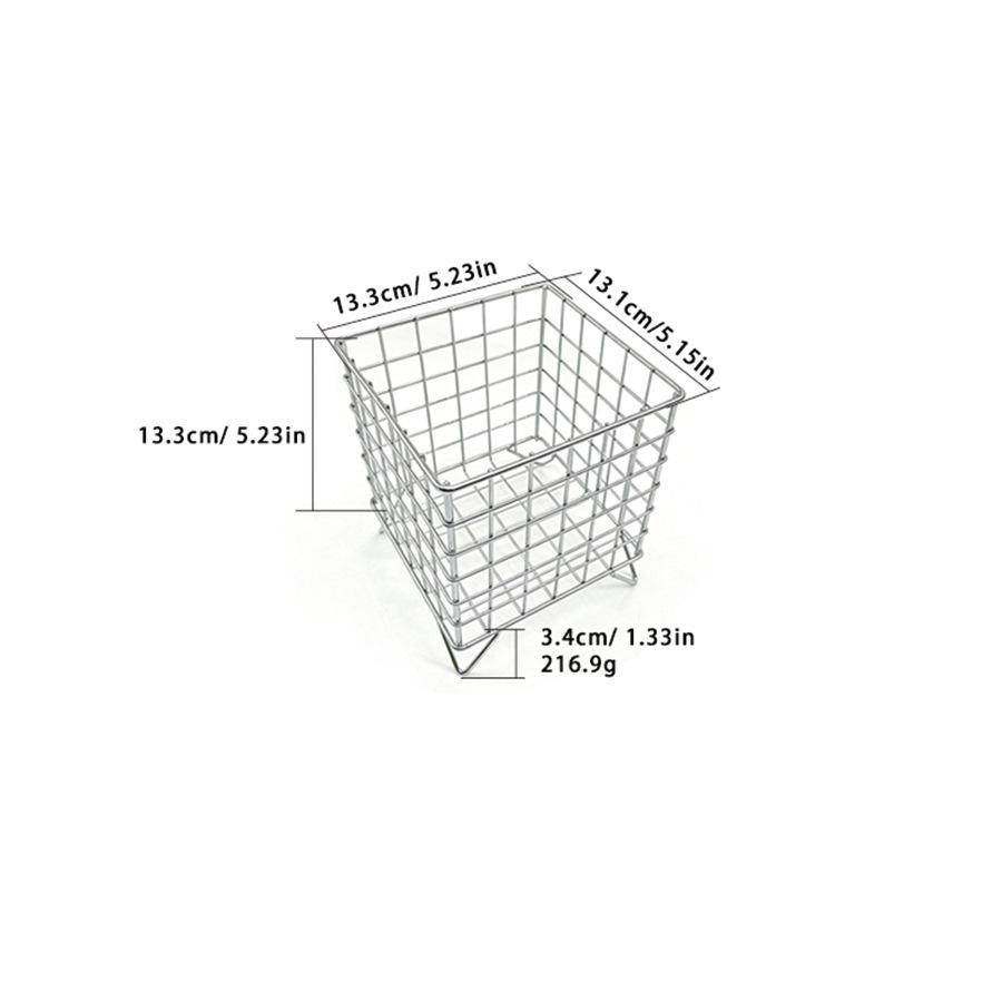 

Silver Metal Square Mesh Storage Basket - Wrought Iron Organizer for Home or Office.