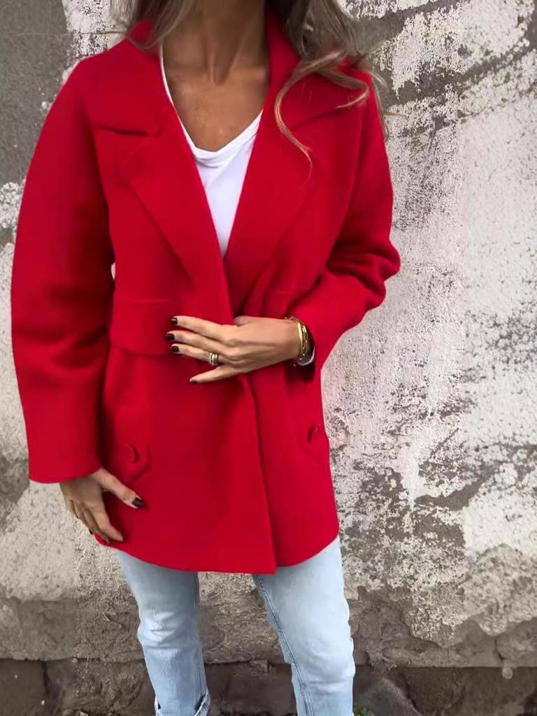 2024 Women's European & American Solid Color Lapel Pocket Cardigan Mid-length Coat for Autumn & Winter