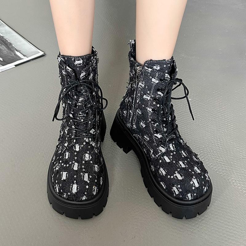 Punk Sequins Chunky Platform Ankle Boots for Women 2024 Y2K Patchwork Thick Bottom Denim Boots Woman Black Gothic Booties Mujer