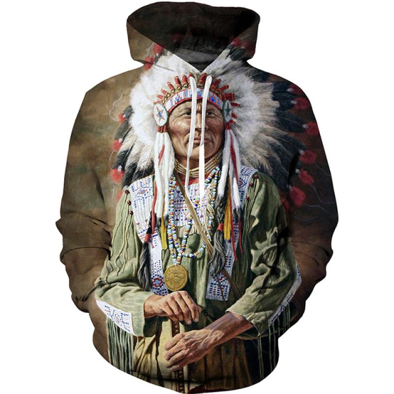 Colorful Jungle Chief Fleece Sweatshirt, Men's Thick Warm Hooded Pullover, Rich Scenic Native Chieftain Motif Hoodie for Artistic Street Matching