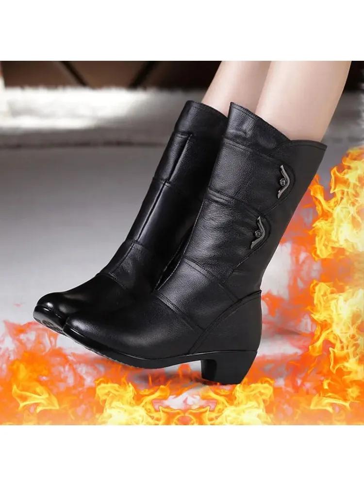 Fashion 2025 Winter Leather Women Winter Boots Thick Wool Warm Women High-heeled Genuine Boot High-quality Female Snow Boots Women Shoes