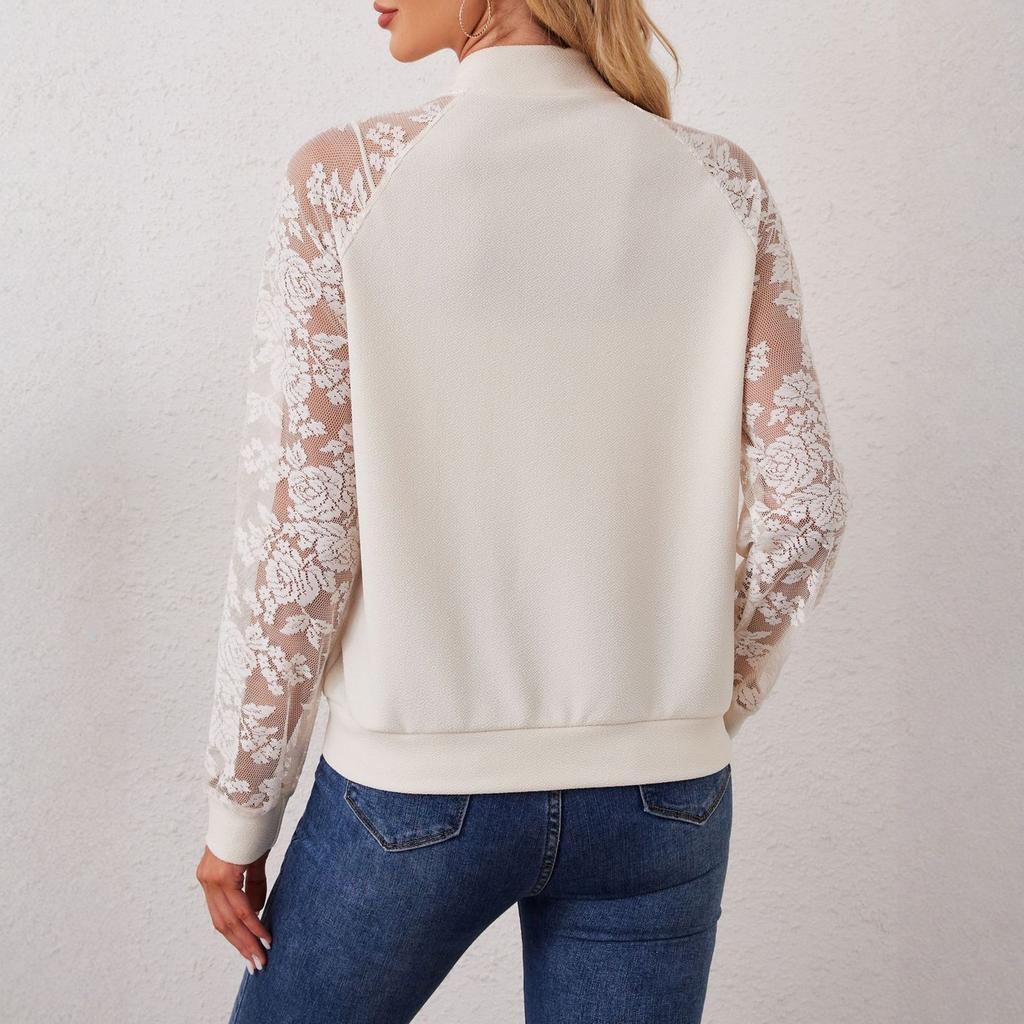 Women's Lace,trimmed Long,sleeved Baseball Collar Jacket/coat