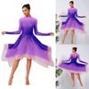 Lyrical Dance Leotard with Keyhole Back and Mesh Long Sleeves Women Gradient Dress Irregular Hem for Performance