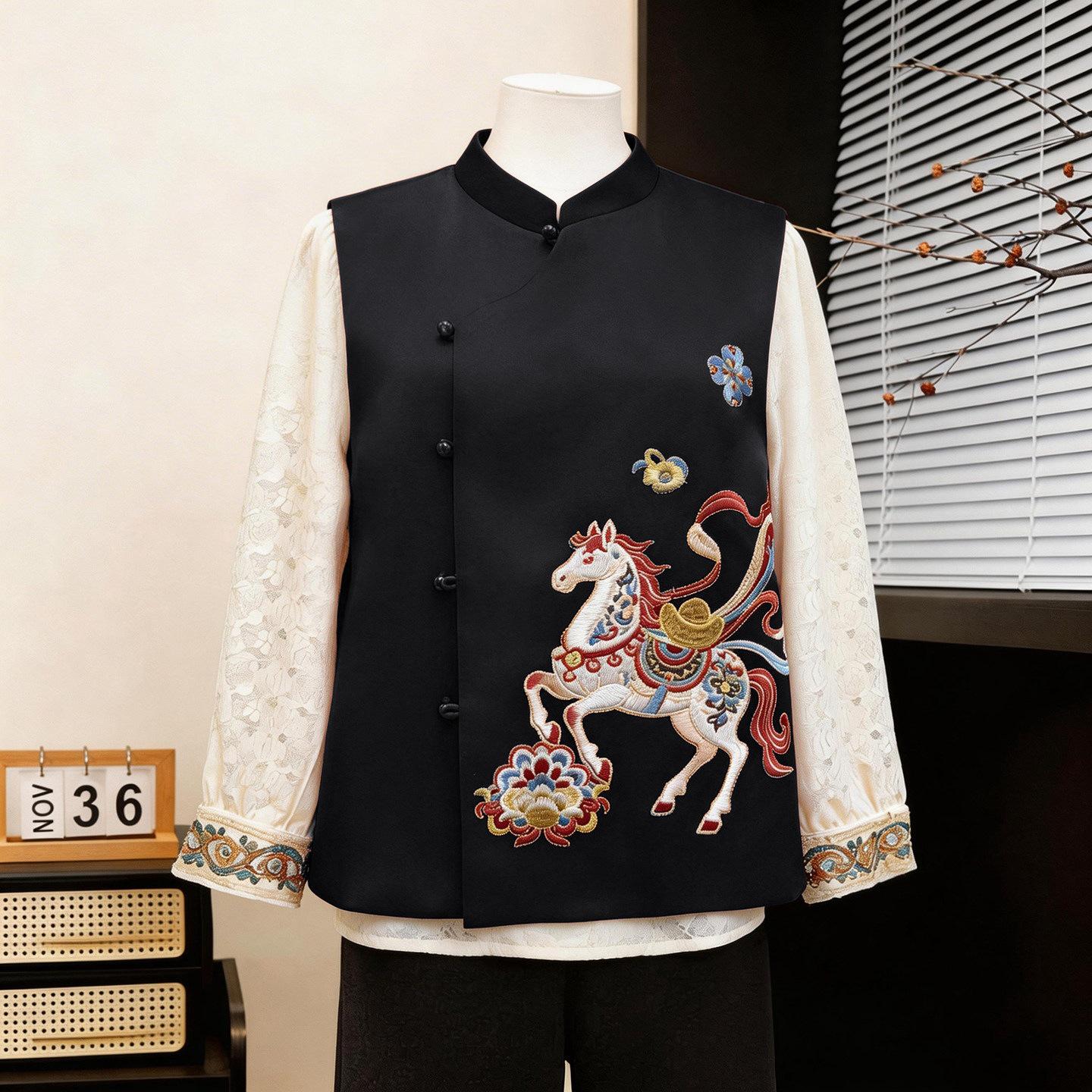 

2026 Spring New Arrivals: Elegant Chinese Heavy Embroidery Diagonal Lapel Vest for Middle-Aged and Elderly Women 2XL (135-150kg) чёрный