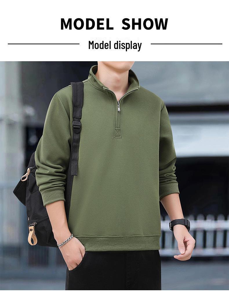 Men's American Style Half Zipper Stand Collar Pullover - Spring/Autumn Trendy Plus Velvet Sweatshirt