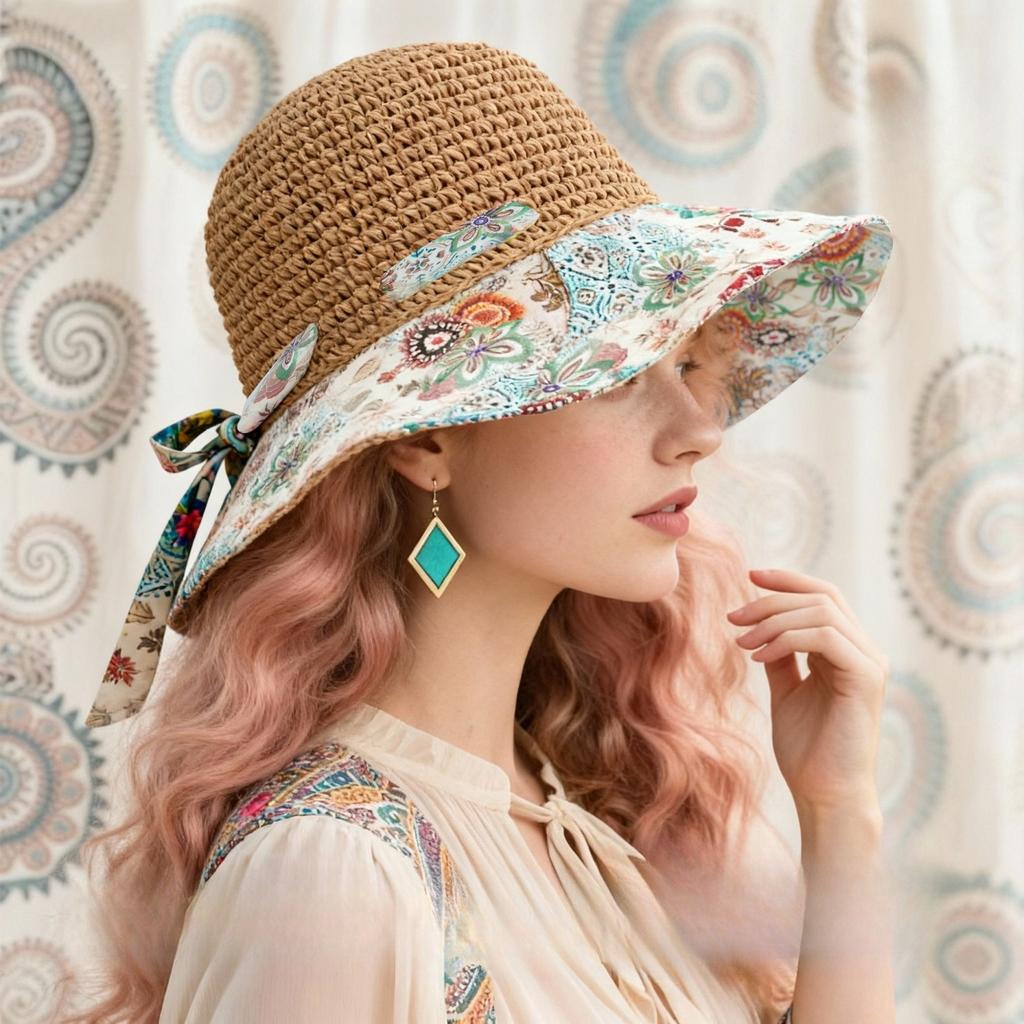 Bohemian-style wide-brimmed flower straw hat, sun protection hat for women