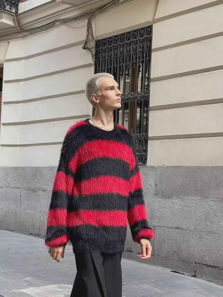 Red and Black Striped Seahorse Wool Men's Knitted Sweater - Winter Mink-Like Couple's Jacket