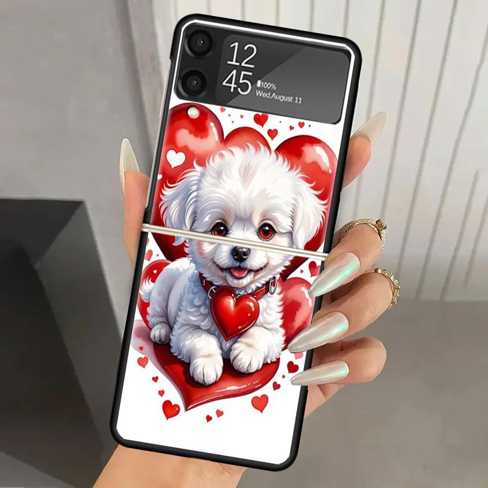 Lovely Puppy Heart Dogs Hard PC Phone Case For Samsung Galaxy Z Flip 7 6 5 4 3 Black ZFlip7 ZFlip6 Flip5 Flip4 Flip3 5G Print Co