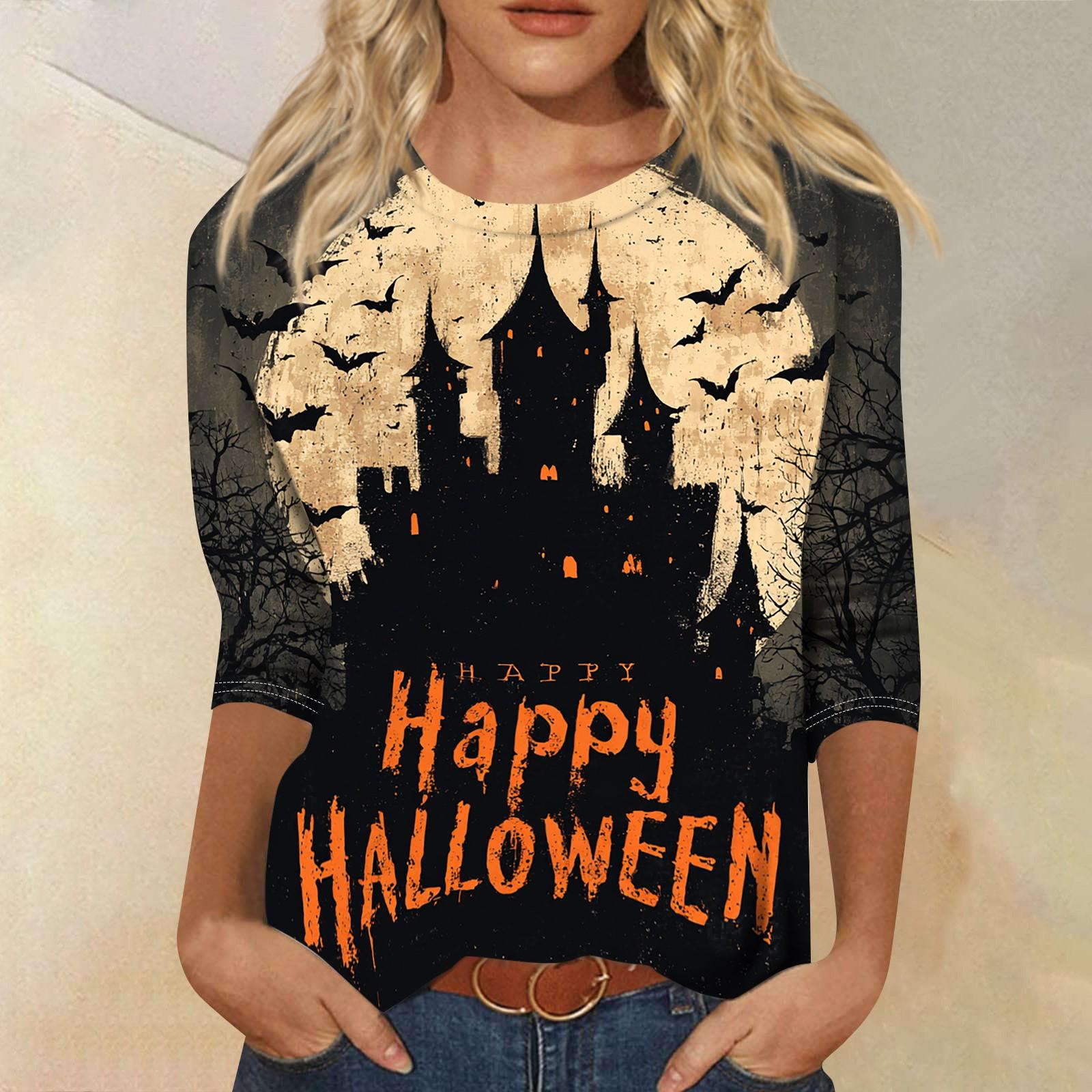 Women s Three-Quarter Sleeve Round Neck Halloween Printed T-Shirt Casual Top XXL