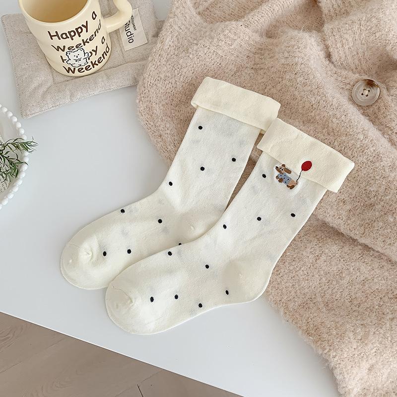 Female Autumn New Embroidery Bow-dot Cartoon Animal Cute Flanging Tube Pile Socks