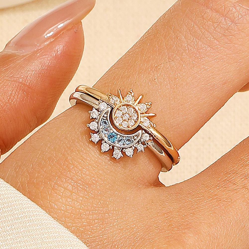 New product personality, simple design sense, sun and moon, new diamond-encrusted sun and moon couple ring ring