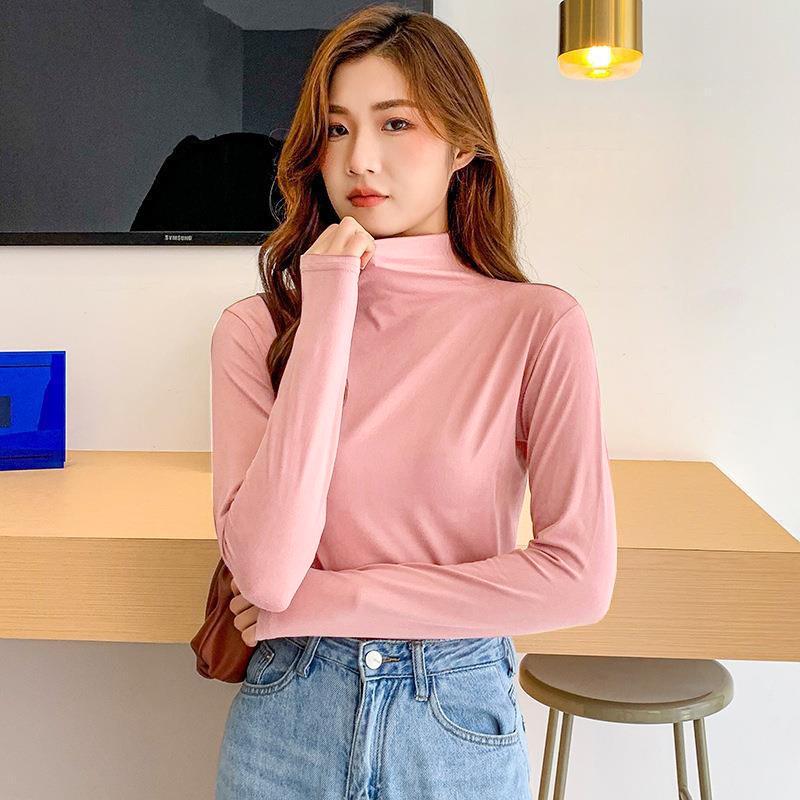 Women's Modal High-Elastic Base Layer: Semi-High Neck, Slimming Long Sleeve T-Shirt for Spring, Autumn, Winter.