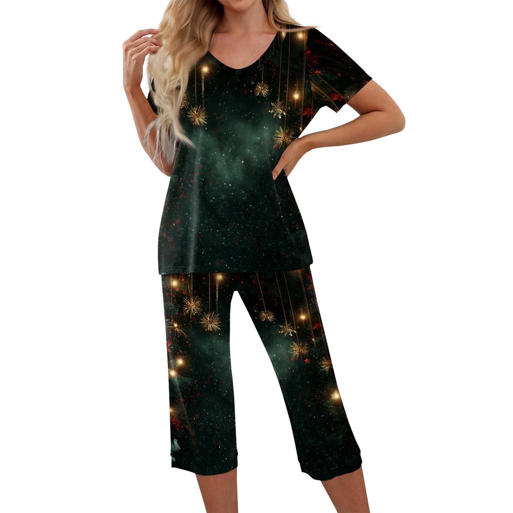 Women's Christmas Print Athletic 2 Piece Set Short Sleeve Top with Casual Pants