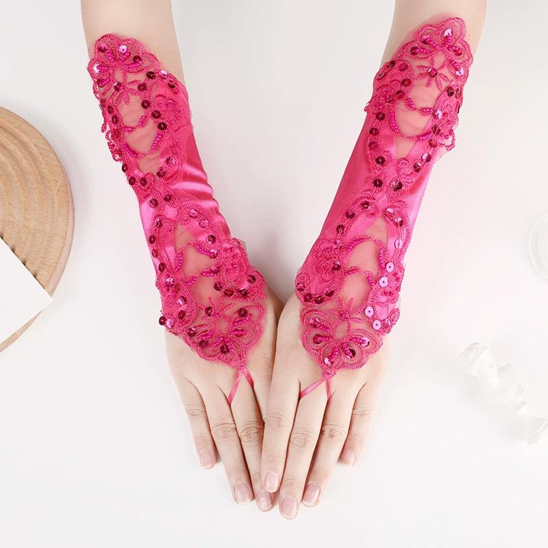 

1 шт. Полые для выпускного вечера Вышитые бисером Свадебные аксессуары Митенки без пальцев из кружева со стразами розы красного