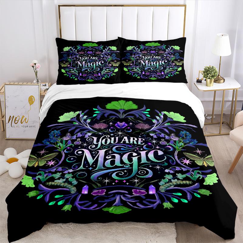 3pcs Flowers and Grass You are Magic Printed Bedding Set, Soft and Comfortable Quilt Cover for Bedroom, Guest Room (1 Duvet Cover + 2 Pillow