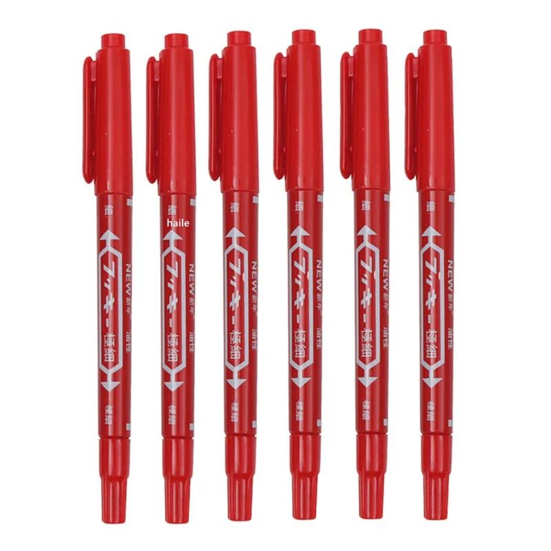 6 Pcs Permanent Waterproof Double-ended Marker Pen 0.5mm-1mm Fine Point Nib Marker Pen Red Black Blue Ink
