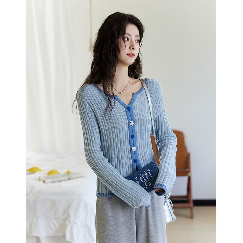 2026 Spring/Summer Blue Color Block Slim Fit Knit Cardigan - Women's Versatile Thin Layer Top