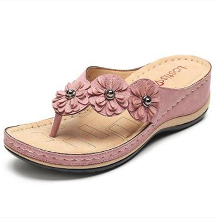 Summer New Flower Sandals Car Line Platform Toe Slippers Large Size Retro Beach Flip-flops