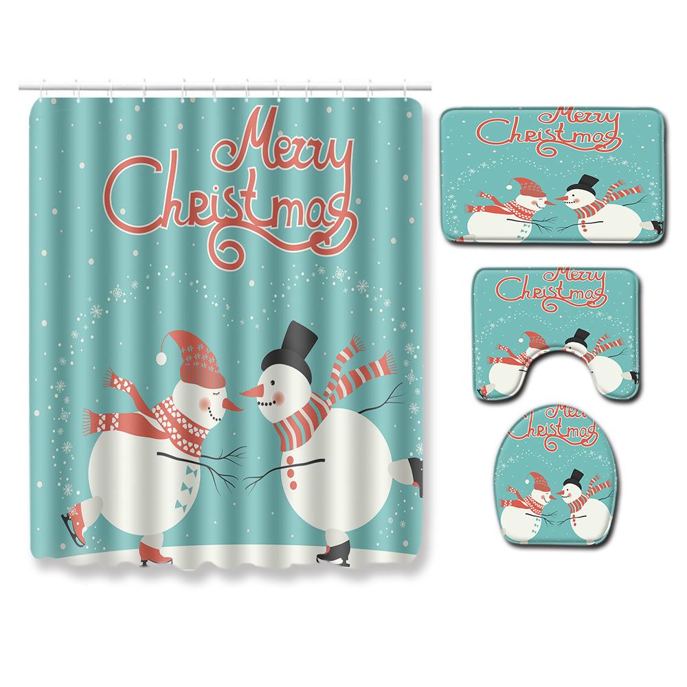 3D Digital Printing Christmas Waterproof Shower Curtain Four-Piece Bathroom Non-Slip Door Mat Toilet Absorbent Floor Mat Carpet