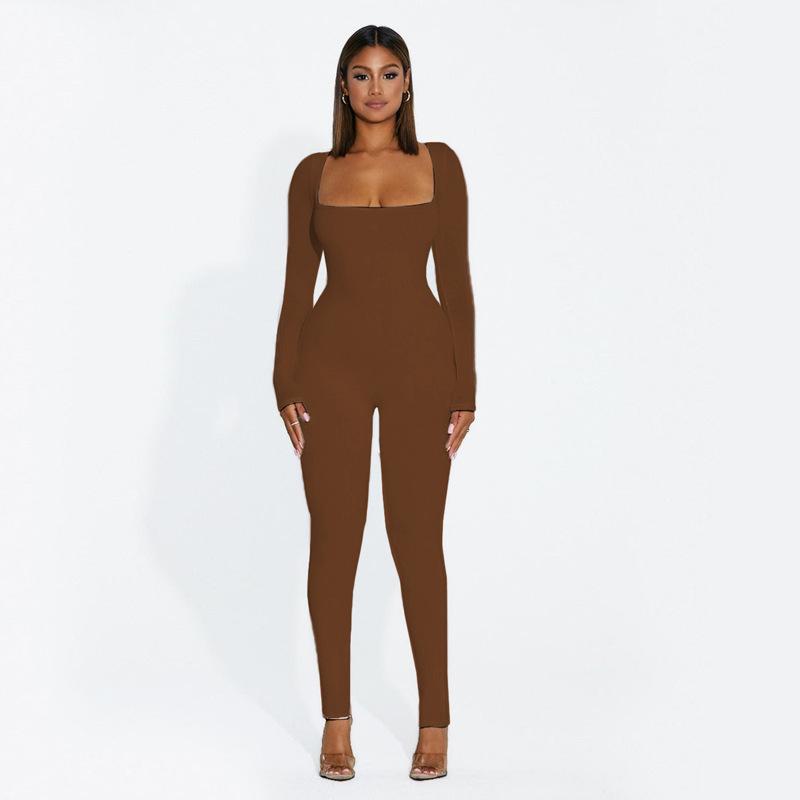 European and American Spring and Autumn Women's Long Sleeved Square Neck Slim Fit Solid Color Base and Hip Lifting Jumpsuit