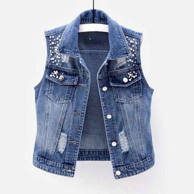 Ladies Denim Vest Sleeveless Bead Decor Loose Lapel Single-breasted Solid Color Vintage Firm Stitching Hip Hop