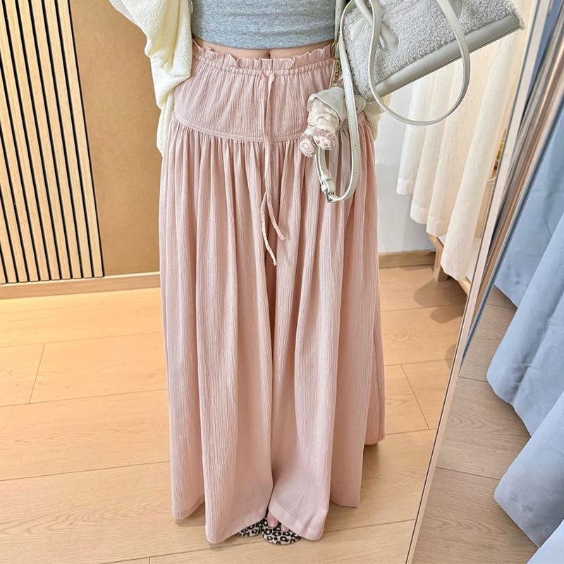 Women Pink High Waist Long Pleated Skirt Pants Summer S