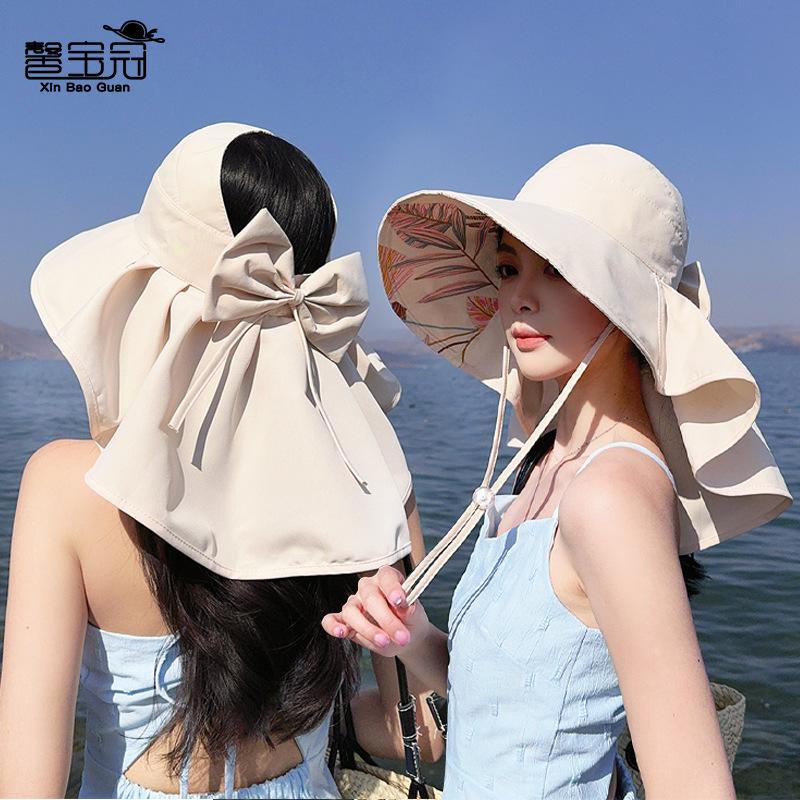 8548 Summer Sunscreen Visor Big Brim Shawl Bucket Hat Fashion Bow Empty Top Ponytail Hat Women