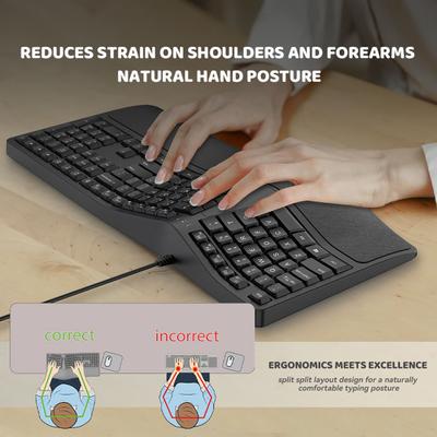 Kabelgebundene geteilte Tastatur, natürliches ergonomisches Design, volle Größe, 110 Tasten, universelle Plug-Play-Tastatur mit Handgelenkstütze, Bürobedarf
