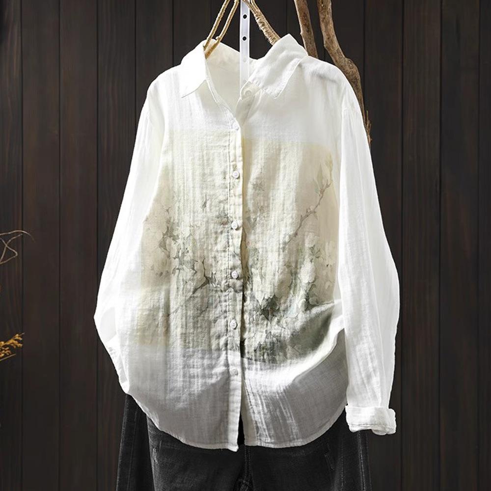 Spring Autumn White Top Double Layered Cotton Yarn Shirts Women Lapel Collar Long Sleeve Printed Blouses
