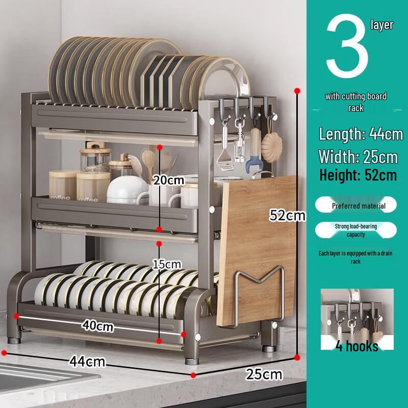 Pistolenmetallgrauer 3-stöckiger Geschirrabtropfständer aus Edelstahl