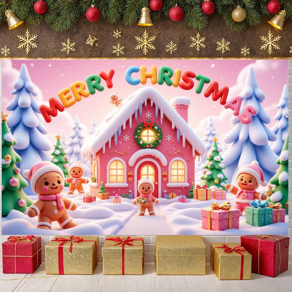 Merry Christmas Banner Decorative Gingerbread House Banner Holiday Banner Christmas Tree Pattern For Christmas Party Holiday