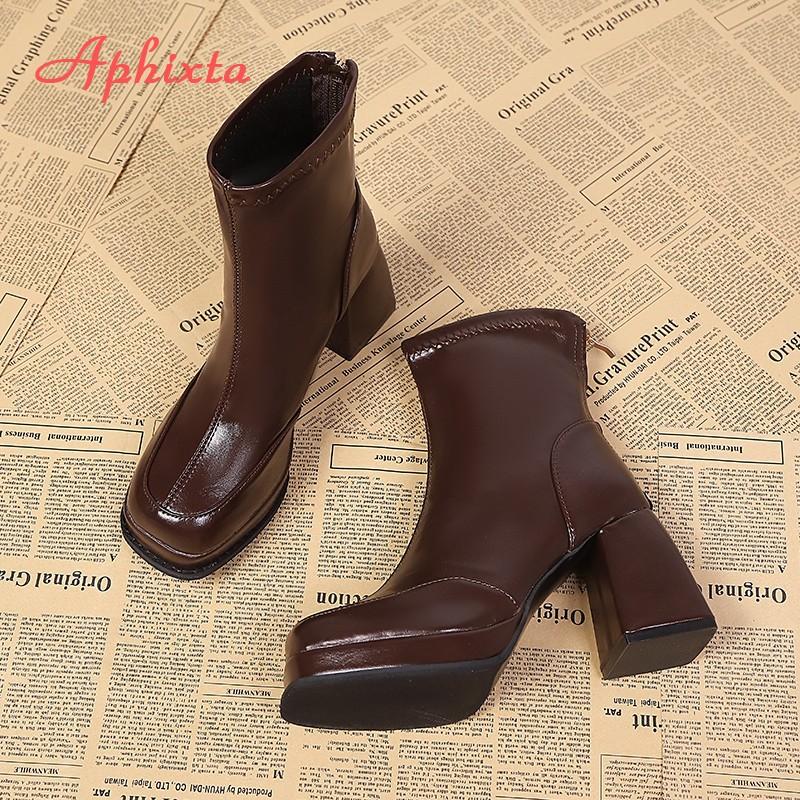 Aphixta Classic Platform Woman Ankle Boots Square Toe Back Zipper 7cm High Heels Sewing Modern Boot Autumn Winer Ladies Shoes
