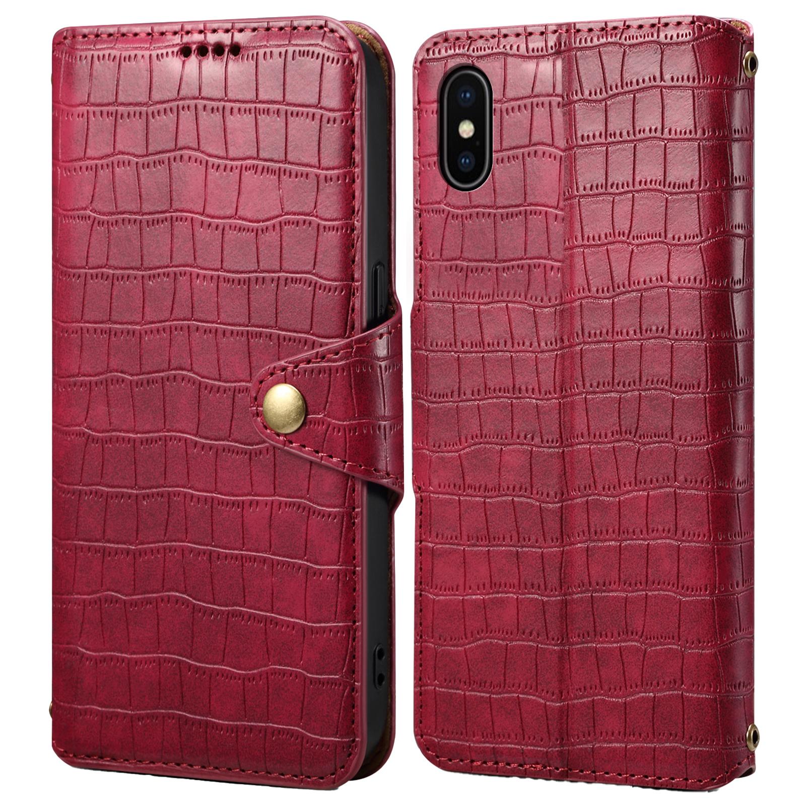 

For iPhone X/XS Wallet Phone Cover Anti-Scratch PU Leather Case Stand Crocodile Texture Shell Red